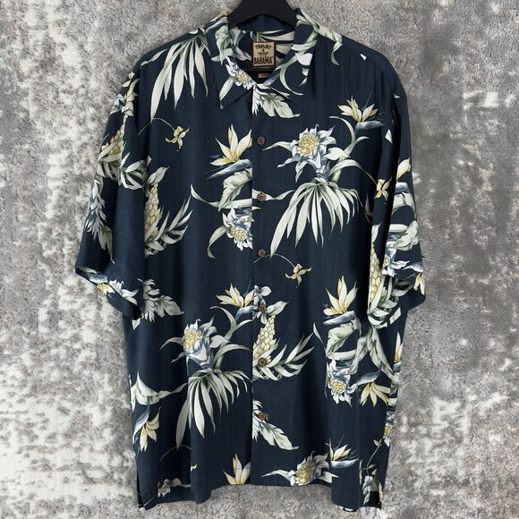 Tommy Bahama Other - Tommy Bahama Mens Size L 100% Silk Tropical Button Shirt Navy Short Sleeve